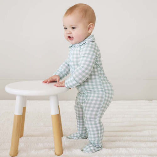 Peter Pan Collar Zipper Footie | Moss Gingham