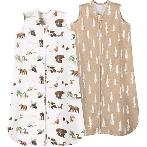 david's kids 100% Organic Cotton Baby Sleep Sack 0-6 Months, Soft Baby Wearable Blankets with 2-Way Zipper, 2 Pack Comfy Sleeping Bags for Infant Newborn Boys Girls Neutral, Small Size, Woodland