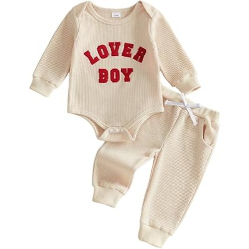 MERSARIPHY Newborn Baby Boy Fall Winter Clothes Mama's Boy Little Dude Outfit Embroidery Waffle Knit Romper Pants Sets