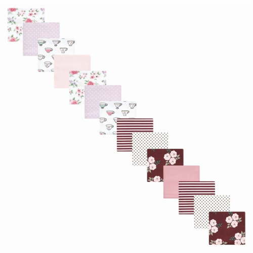 Hudson Baby Infant Girl Cotton Flannel Receiving Blankets Bundle Set, Tea Party Burgundy Floral, One Size