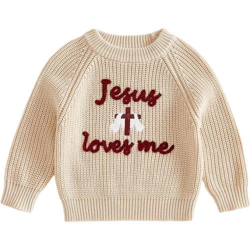 KMBANGI Newborn Toddler Baby Christian Outfit Jesus Loves Me Sweater Cross Long Sleeve Cable Knitted Sweatshirt Baptism 0-4T