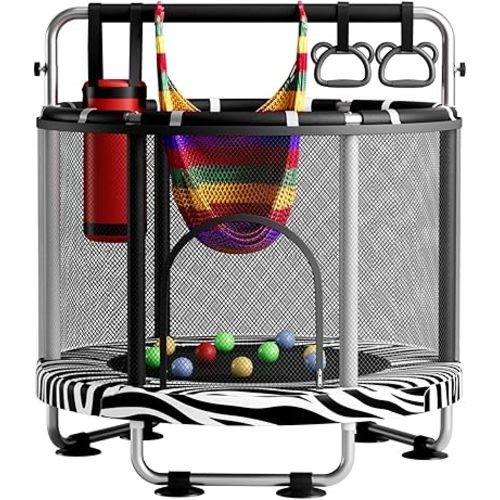 55" Trampoline for Kids with Enclosure, 440lbs Capacity Indoor & Outdoor Toddler Trampoline with Adjustable Gymnastics Bar & Toys, for Boys & Girls