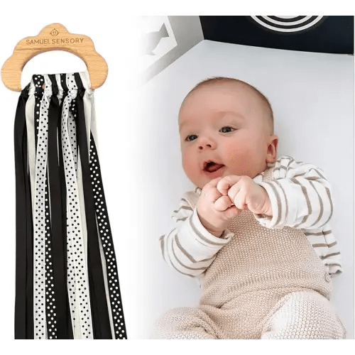 Samuel Sensory Toys Cloud Ribbon - Black and White Baby Toys 0-3 Months Made with Beech Wood & Soft Grosgrain and Satin Ribbon - Developmental High Contrast Baby Toys & Tummy Time Toys