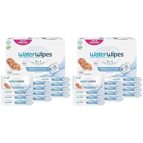 WaterWipes Sensitive+ Newborn & Baby Wipes, 3-In-1 Cleans, Cares, Protects, 99.9% Water, Unscented & Hypoallergenic, 720 Count (12 Packs)