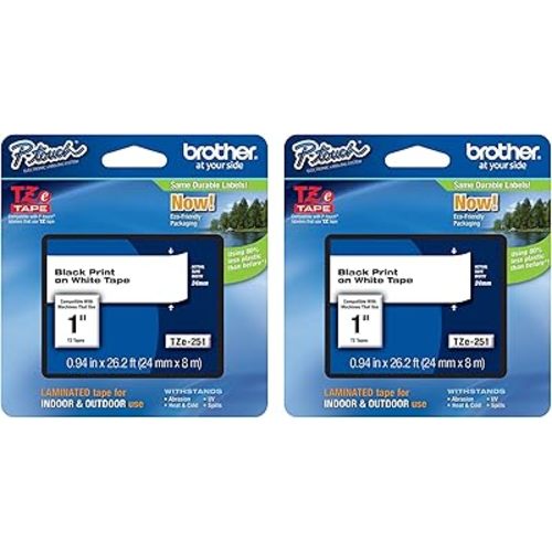 Brother Genuine P-Touch 2-Pack TZe-251 Laminated Tape, Black Print on White Standard Adhesive Laminated Tape for P-Touch Label Makers, Each Roll is 0.94"/24mm (1") Wide, 26.2 ft. (8M) Long