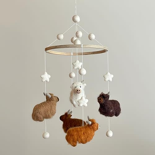 Handmade Felt Highland Cow Nursery Mobile, Crib Mobile for Boys & Girls, Boho Nursery Decor, Natural Wool & Wood Mobile, Unique Baby Shower Gift, Fair Trade & Handcrafted in Nepal
