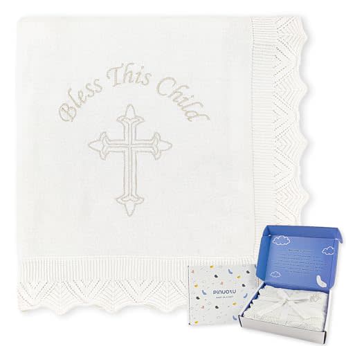 Pinuotu Baby Baptism Blanket – White Cotton Knit Christening Shawl with Embroidered Cross, Unisex Receiving Swaddle for Boys & Girls, 40x31 Inches, Soft Newborn Gift with Premium Gift Box