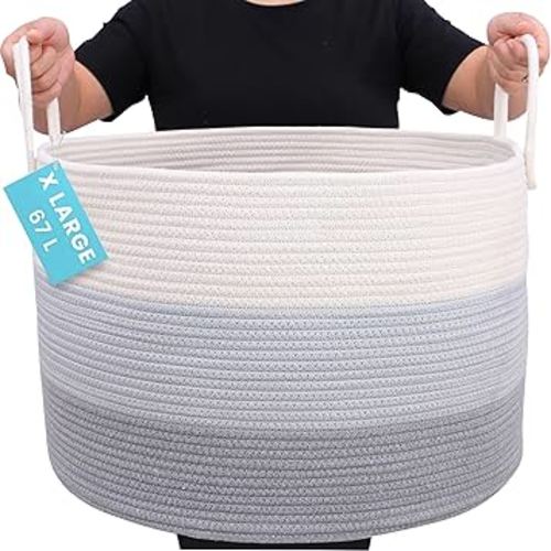 OrganiHaus Large Woven Storage Basket for Blankets and Toys 20" x 13" Inch, Rope Laundry Basket with Handles, Cushions & Pillows Storage Bin, Nursery Hamper, Soft Round Dog Toy Bin - Gray