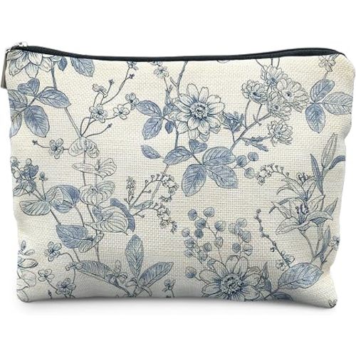 Vintage Blue Floral Makeup Bag, Chinoiserie Blue and White Floral Cosmetic Bags for Women, Retro Flower Botanical Zipper Makeup Pouch