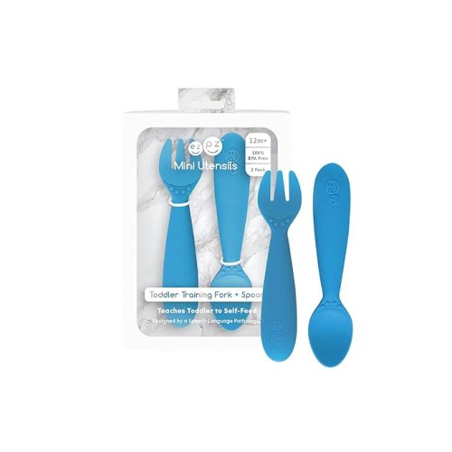ezpz Mini Utensils - 12 Months+ (Fork & Spoon in Blue) - 100% BPA Free Fork and Spoon - Toddler Utensils - Designed by a Pediatric Feeding Specialist
