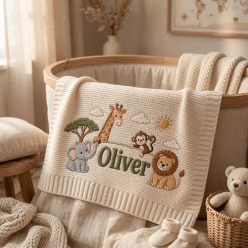 Personalized Embroidered Woodland Baby Blanket, Custom Safari Animal Name Knit Blanket, Jungle Baby Shower Gift, Nursery Keepsake Gift