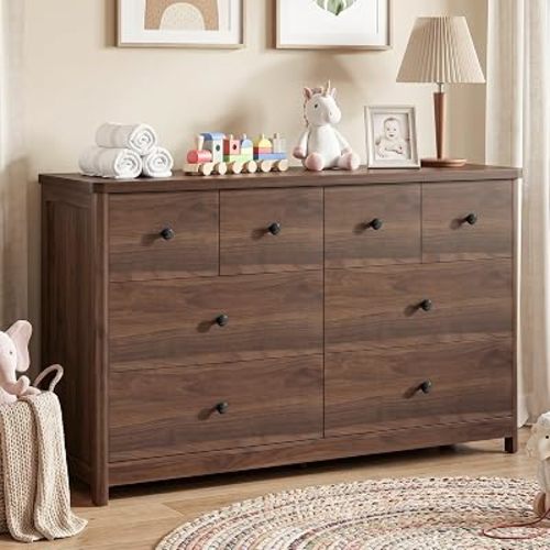 Vabches Kids Dresser Cabinet with 8 Drawers, Changing Table for Nursery with Open Shelves, Multi-Functional Chest of Drawers, Kids Bedroom Furniture, Nightstand for Children's Room, Walnut
