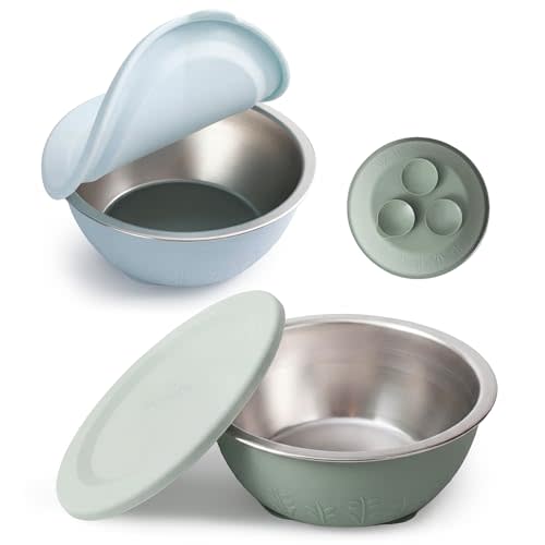 Moonkie Baby Bowls with Suction, Stainless Steel & Silicone Toddler Bowls with Lids, Seamless One-Piece Design Silicone Bowls for Babies 4 Months+, 13oz, BPA-Free, Lead-Free, Dishwasher Safe, 2 Pack