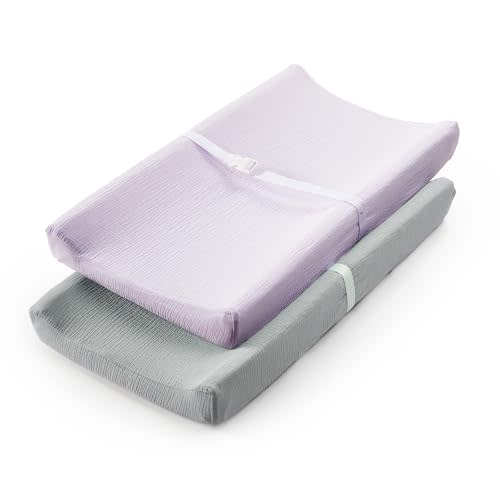 TILLYOU Muslin Changing Pad Cover for Baby Girls Boys, Soft and Breathable Cotton Diaper Changing Table Cover, 2 Pack(Grey&Purple)