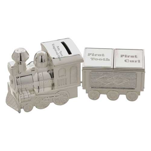 Personalised Engraved Silver-plated Train & Carriage Bank Money Box Christening / Birthday Gift