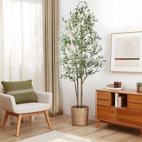 Alupssuc 6 ft Artificial Olive Tree, Silk Fake Potted Tree with Natural Wood Trunk & Lifelike Fruits, Faux Plant for Modern Home Office Living Room Floor Decor