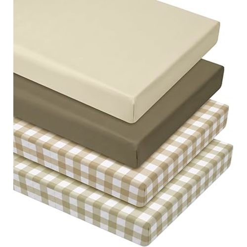 VitalCozy 4 Pcs Checkered Khaki Crib Sheet Set Newborn Bedding Nursery Baby Sheets for Girl Boys Baby Gifts for Standard Crib and Toddler Mattresses, 52 x 28 x 8 Inches