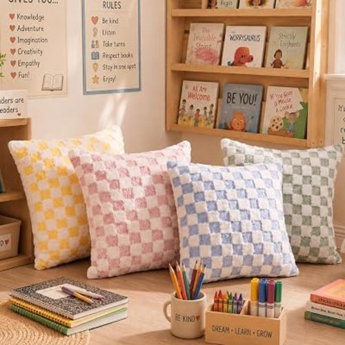 Irenare 4 Pack Checkered Throw Pillow Covers 18x18, Soft Plush Jacquard Cushion Cases for Couch Sofa Bed, Dorm Room, Classroom Reading Corner and Fall Decor