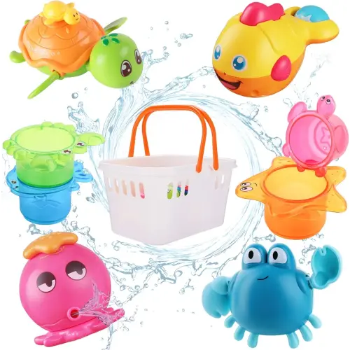 iPlay, iLearn Baby Bath Toys, Toddler Bathtub Set w/Storage Basket