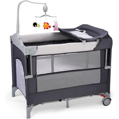 JOYMOR 5 in 1 Pack and Play with Bassinet, Diaper Changing Table for Newborn Infant, Portable Baby Playpen for Babies and Toddlers (Gray)