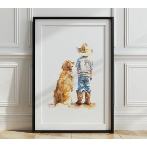 Golden Retriever nursery print, Boy and Dog  print, Cowboy room decor, Puppy nursery wall art, Kid room decor, Retriever Watercolor print
