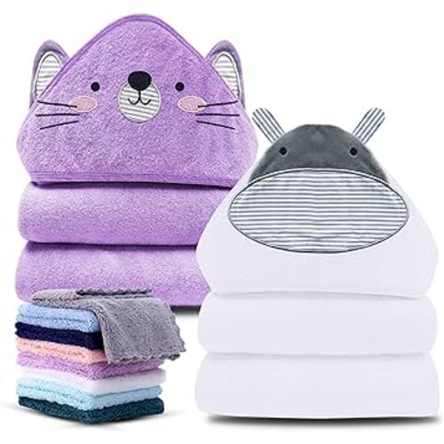 Cute Castle 2 Pack Hooded Baby Towel Rayon Made from Bamboo with 8 Washcloths - Soft Bath Towel for Bathtub for Babie, Newborn, Infant, Natural Baby Stuff Towel (Hippo and Cat)