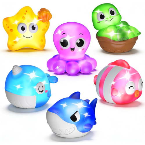 BUTOMKY 6 Packs Light Up Ocean Animal Bathtub Toys for Toddlers 1-3, Water Activated LED Flashing Bathtub Pool Toys for Baby 6-18 Months, Ideal Gifts for Boys Girls
