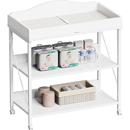 Baby Changing Table, Diaper Changing Station with Pad and Wheels, Two-Tier Open Storage Shelves, Waterproof Diaper pad & Safety Strap, Compact Baby Furniture for Nursery, White