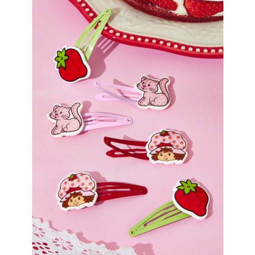 Strawberry Shortcake X SHEIN 6pcs Adorable Strawberry, Cat Design Cute Hair Clips, Pink Hair Barrettes