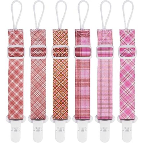 Baby Pacifier Clip with Adjustable Length Buckle,Paci Leash Binky Clips for Baby Boys and Girls,Newborn Essentials,Pack of 6 Gift Set. (Plaids)