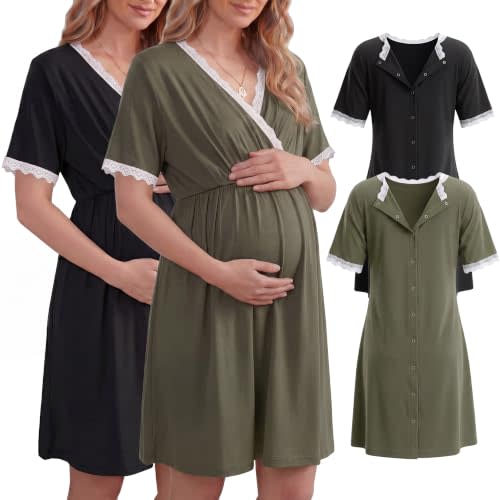 Cutecrop 2 Pack Labor and Delivery Gown for Hospital Maternity Nursing Button Back Gown Short Sleeve Breastfeeding Dress