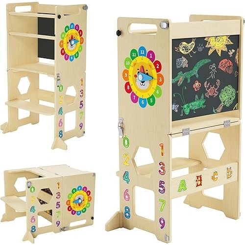 4-in-1 Toddler Standing Tower,Foldable Standing Tower with Blackboard and Wooden Learning Clock,Toddler Kitchen Stool Helper for Kids,Wooden Kids Kitchen Step Stool