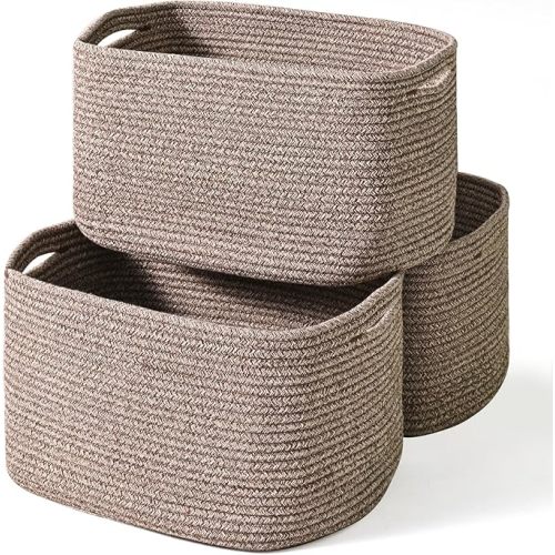 ICERZCZ Storage Baskets for Organizing Shelves, Woven Cotton Rope Bins for Baby Nursery Organization, Book Toy Towel Organizer, 15"x11"x9.5", 3 Packs, Dark Brown