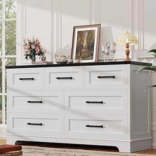 YESHOMY Dresser for Bedroom, Farmhouse 7 Drawers Dresser, Chest of Drawer Chest, Multi-Tier Clothing Storage Cabinet, White and Black