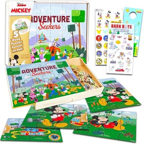Mickey Mouse Wooden Puzzle 5 Pack - Wood Jigsaw Bundle with Holding Tray, Mickey Stickers and More | Disney Jigsaw Puzzle Toy for Kids Ages 3-5