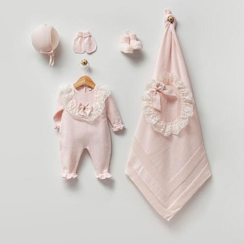 Elegant Baby Girl Knitwear Set – Lace Trim Outfit with Matching Blanket, Bonnet, and Mittens for Newborns , Newborn Gift , Baby Shower Gift