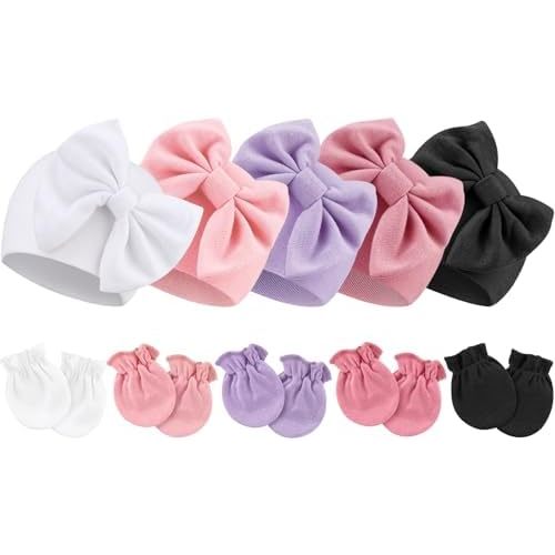 Newborn Baby Hats and Mittens Set Infant Bow Beanie Cap Toddler Gloves Newborn Hospital Hats for Baby Boy Girl 0-6 Months