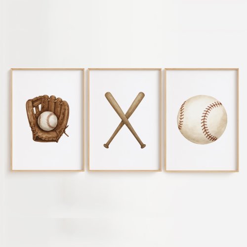 Baseball Prints Set of 3 | Vintage Baseball Wall Art | Baseball Bat, Glove, Ball | Sports Decor for Boys Room Girls Nursery, Man Cave Gift