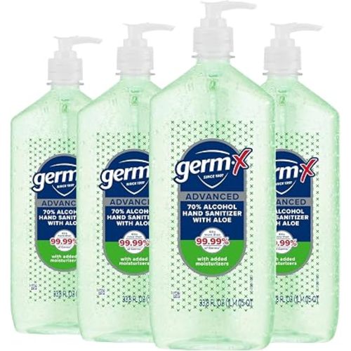 Germ-X Advanced Hand Sanitizer with Aloe and Vitamin E, 1 Liter (Pack of 4), Less Drying Moisturizing Gel, No Rinse Formula, Pump Bottle