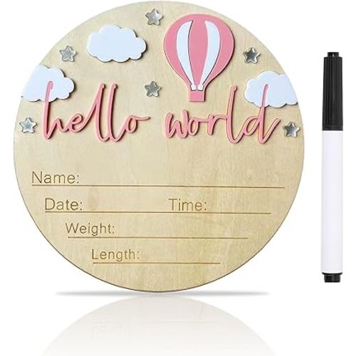 Baby Announcement Sign, 5.9 Inch Wooden Hello World Newborn Signs, Birth Announcement Sign and Pen, Hot Air Balloon and White Cloud Decoration, Welcome Newborn Arrival to World (Pink)