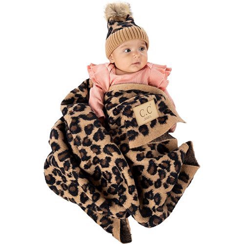 Funky Junque Baby Blanket & Beanie Set - Leopard Print - Single Pom - Latte