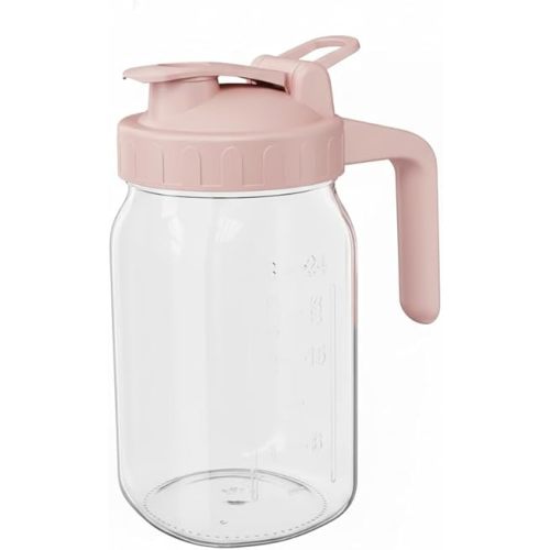 Breast Milk Pitcher Jug - 32 oz Glass Mason Jar Airtight Pitcher with Pour Spout Handle for Breastmilk, Iced Tea, Ice Drinks Storage Container（Green） (Pink)