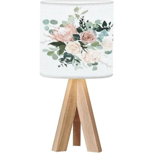 Tripod Bedside Desk Table Lamp Silver sage Blush Pink Flowers Design Bouquet Beige Protea Creamy Wood Nightstand Lamp with Linen Fabric Shade for Nursery Bedroom Living Room Kids Room