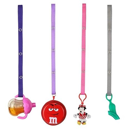 Baby Buddy Secure-a-Toy, Adjustable Pacifier and Teether Strap for Stroller, Highchair, and Car Seat, Purple Lilac Pink Gray, 4 Pack