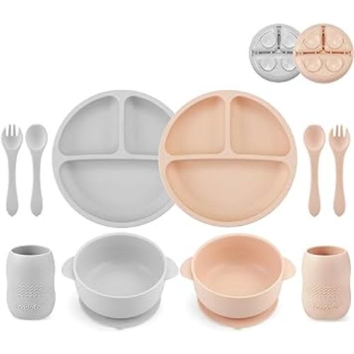 PandaEar Silicone Baby Feeding Set| 2 Divided Suction Plate + 2 Suction Bowl + 2 Tiny Cup with 2 Spoons| Baby Led Weaning Supplies Self Feeding Utensils (Pink Gray)