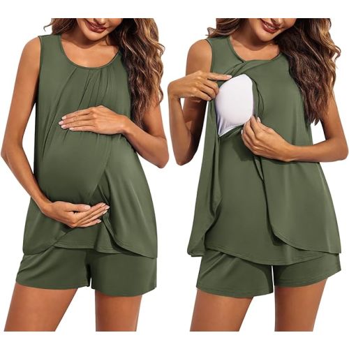 Ekouaer Women Maternity Nursing Pajama Set Breastfeeding Sleepwear Double Layer Sleeveless Top & Shorts Pregnancy PJS