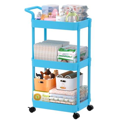 Volnamal Diaper Caddy, 3 Tier Rolling Cart for Baby Essentials, Blue | Movable & Easy Assemble Cart for Newborn Nursery Essentials, Diaper Storage Organizer for Changing Table&Crib, Baby Registry