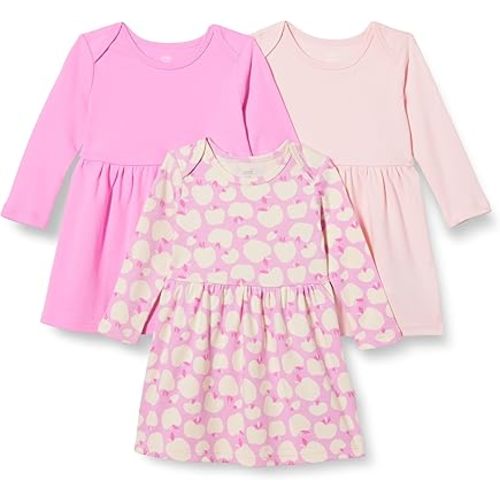 Amazon Essentials Baby Girls' Cotton Long-Sleeve Dress with Gathered Waist, Pack of 3
