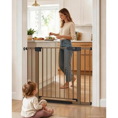 Cumbor 30-43" Wide Baby Gate, Auto-Close Walk-Through Safety Gate, Brown