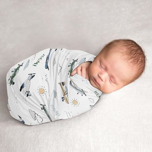 Sweet Jojo Designs Green Vintage Airplane Boy Baby Swaddle Blanket for Infant, Newborn Lightweight Jersey Stretchy Receiving Security Stroller Cover - Airplanes, Transportation, Clouds, Sun, Aviator